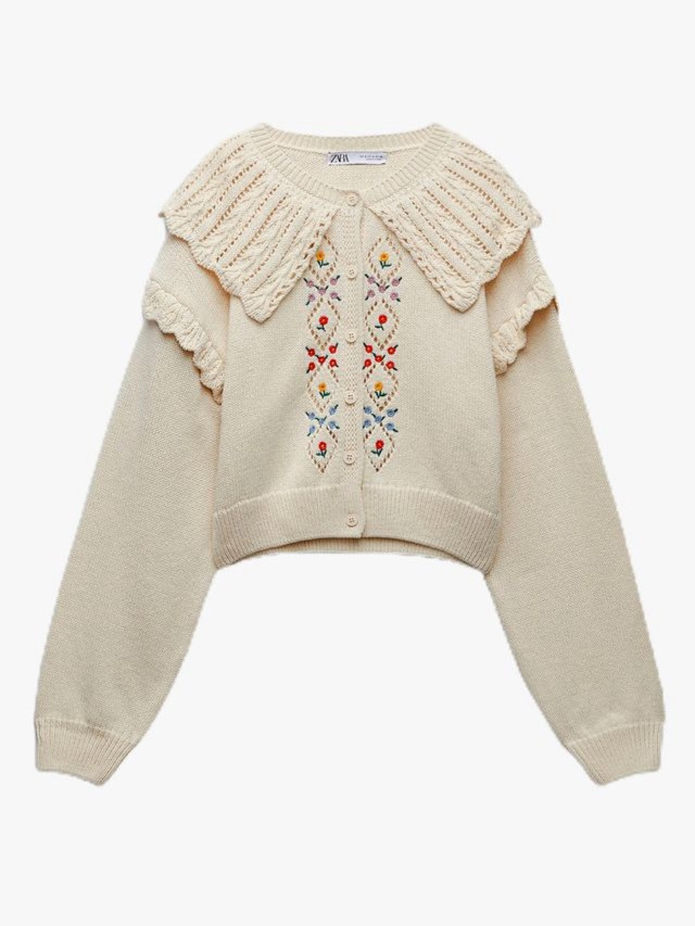Zara Cream Cropped Cardigan Peter Pan Collar with Embroidered Floral Detail